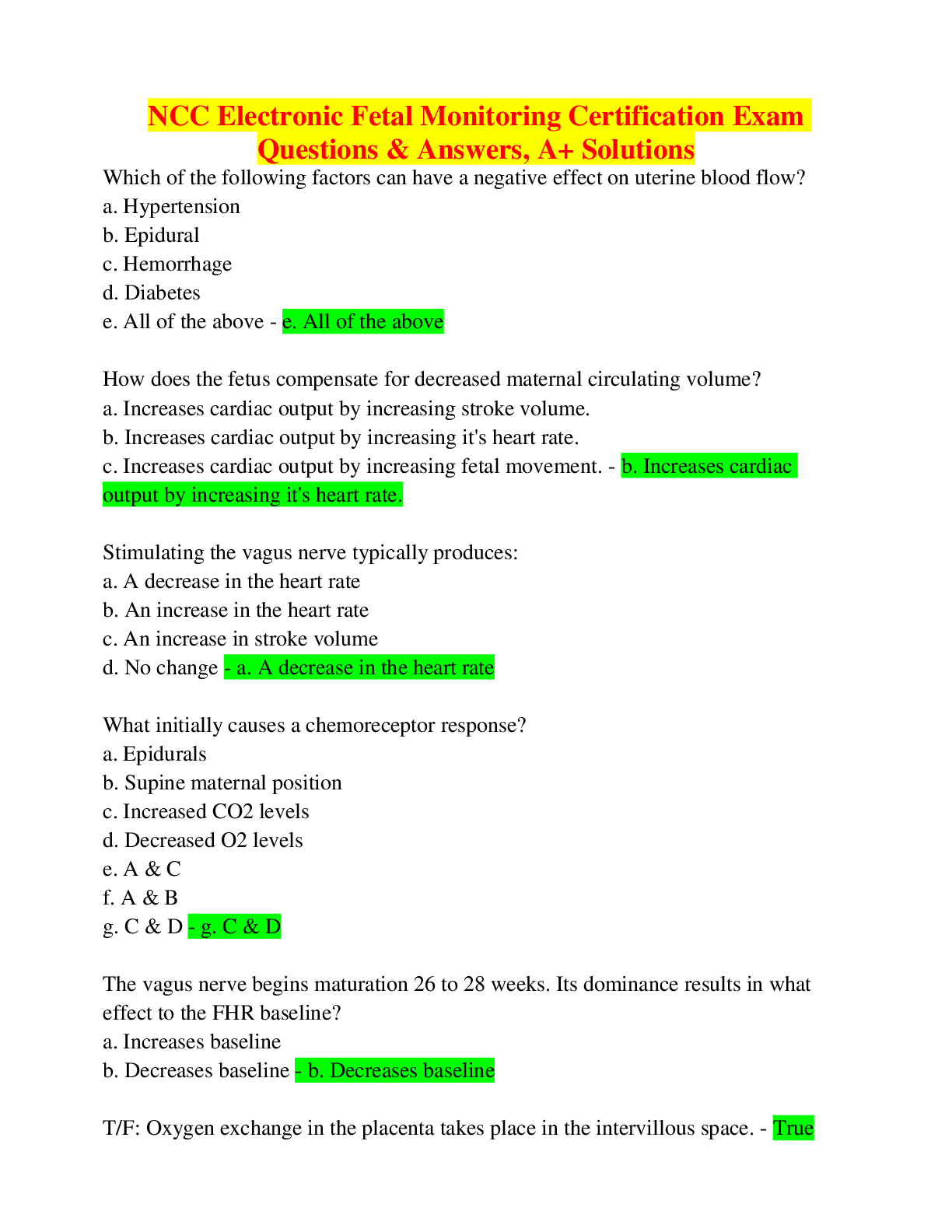 Preview image for NCC Electronic Fetal Monitoring Certification Exam Questions & Answers, A+ Solutions